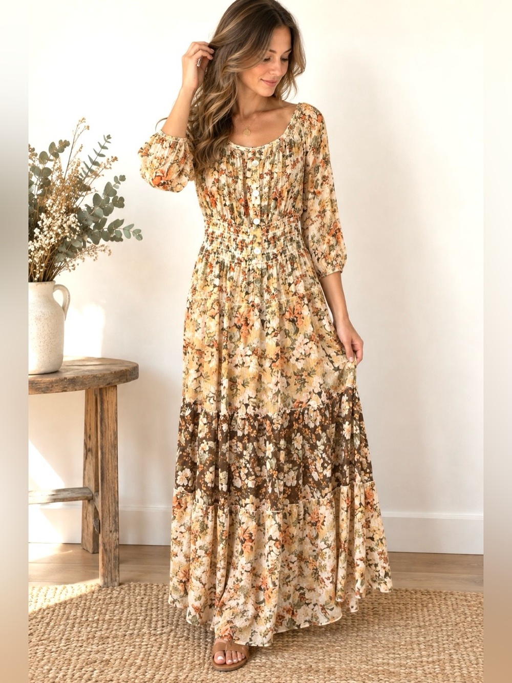 Hope Springs Boho Floral Smocked Tiered Maxi Dress L